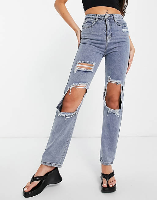 In The Style x Olivia Bowen distressed denim straight leg jean in washed blue