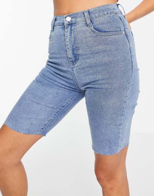 In The Style x Olivia Bowen exclusive cut off denim longline shorts in blue, 3 of 4