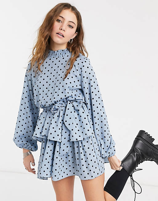 In The Style x Olivia Bowen high neck skater dress with belt in blue polka print