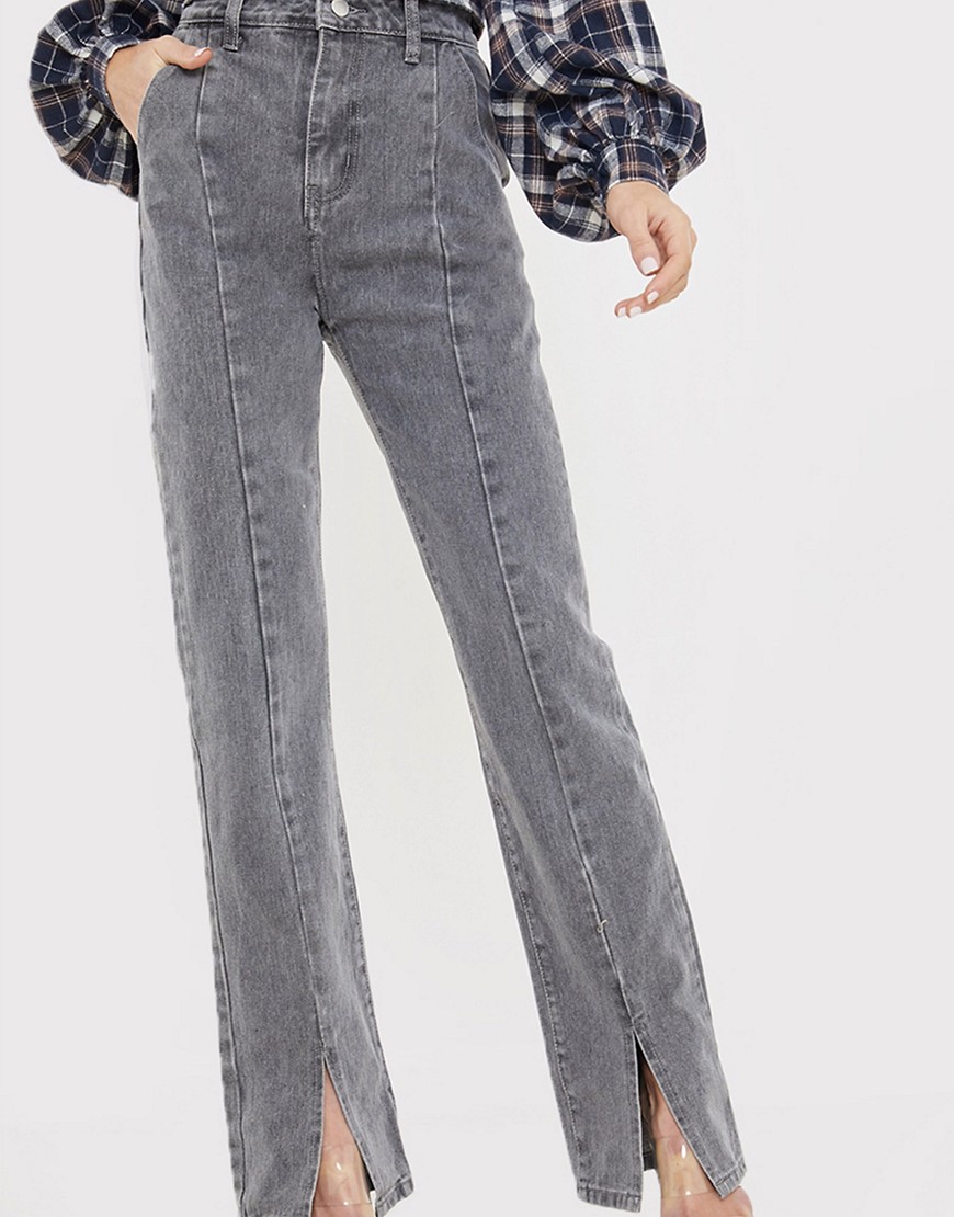 In The Style x Olivia Bowen high waisted slit front straight leg jean in gray-Grey
