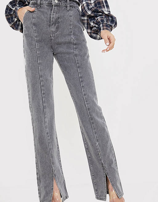 In The Style x Olivia Bowen high waisted split front straight leg jean in grey