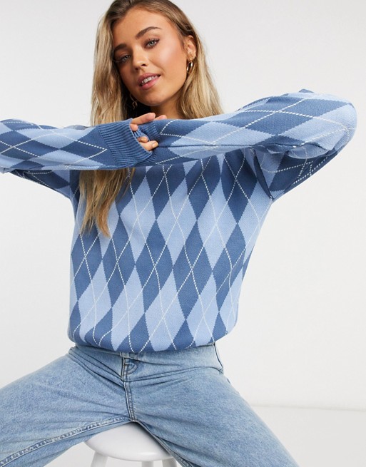 In The Style x Olivia Bowen knitted jumper in blue cross print