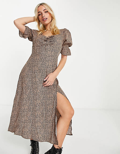 In The Style x Olivia Bowen milkmaid maxi dress in brown leopard print