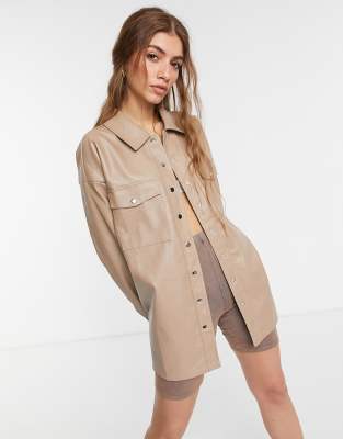 In The Style x Olivia Bowen PU oversized shacket in stone | ASOS