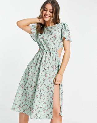 Femme In The Style x Olivia Bowen - Robe mi-longue avec découpe latérale et fente sur la cuisse à imprimé floral - Vert sauge