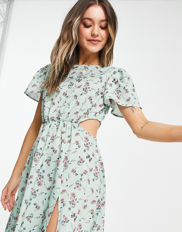  2021 Najnowszy In The Style x Olivia Bowen – Szałwiowa sukienka midi z wycięciami po bokach i kwiatowym wzorem Wielokolorowy