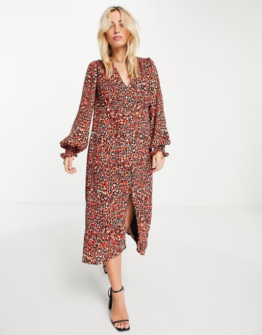 In The Style x Olivia Bowen v neck button through midi dress in red animal print