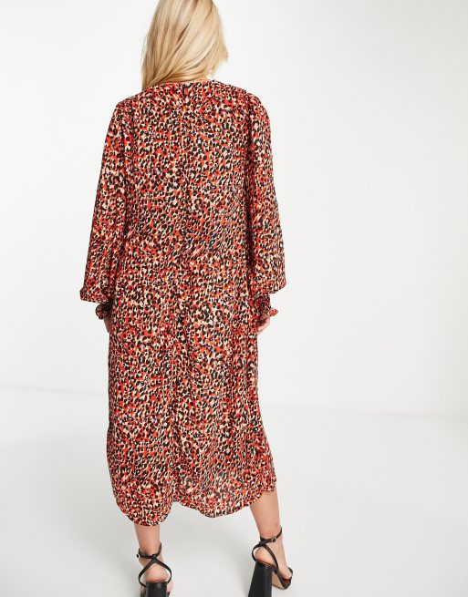 In The Style x Olivia Bowen v neck button through midi dress in red animal print, 2 of 4