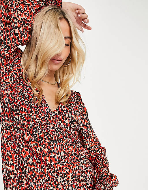  In The Style x Olivia Bowen v neck button through midi dress in red animal print 