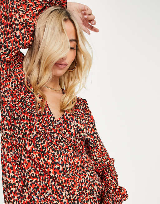 In The Style x Olivia Bowen v neck button through midi dress in red animal print, 3 of 4