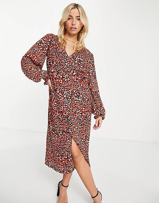  In The Style x Olivia Bowen v neck button through midi dress in red animal print 