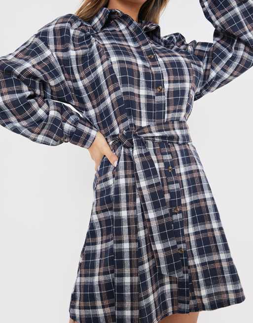 Vestito A Quadri Lungo Con Cintura In Pelle - Camicia Donna Casual, Tessuto Sintetico, Scollo A V - Foto 5