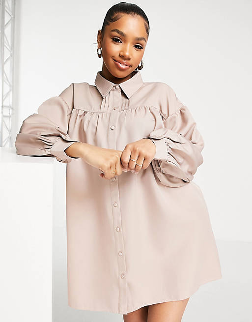 In The Style x Perrie Sian button through shirt dress in taupe