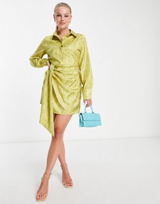 In The Style x Perrie Sian mini shirt dress with wrap detail in chartreuse animal print