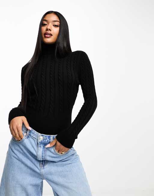 In The Style x Perrie Sian cable knit roll neck body in black