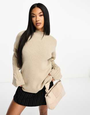 In The Style x Perrie Sian cable wide sleeve jumper in stone-Neutral