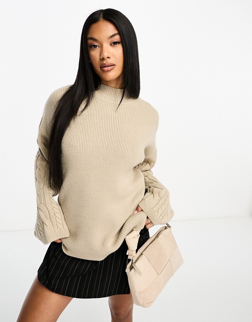In The Style x Perrie Sian cable wide sleeve jumper in stone-Neutral