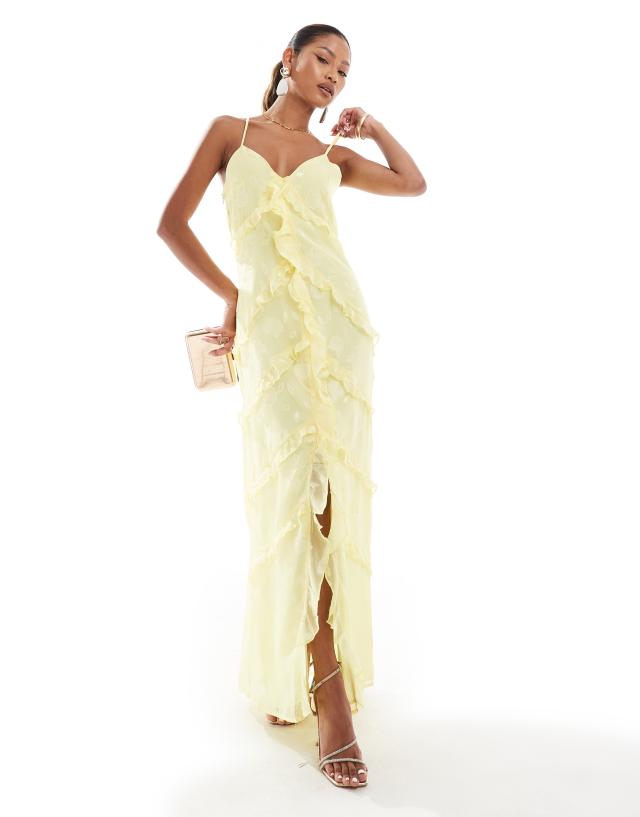 In The Style - x perrie sian cami ruffle trim maxi dress in lemon yellow jacquard