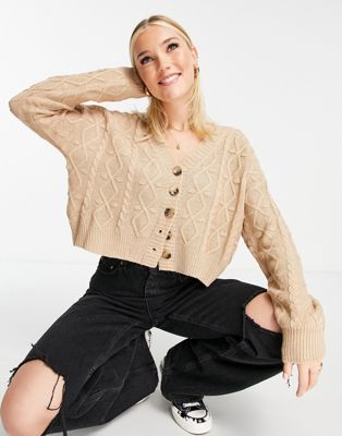 In The Style x Perrie Sian contrast cable knit cardi in chocolate