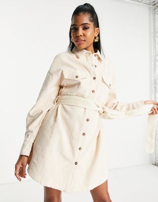 In The Style x Perrie Sian corduroy belted shirt dress in cream - ASOS Price Checker