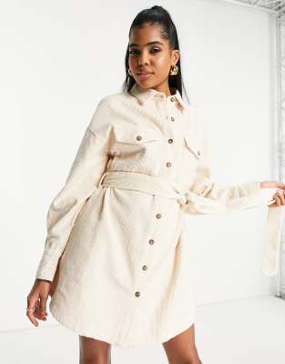 In The Style X Perrie Sian Corduroy Belted Shirt Dress In Cream-white