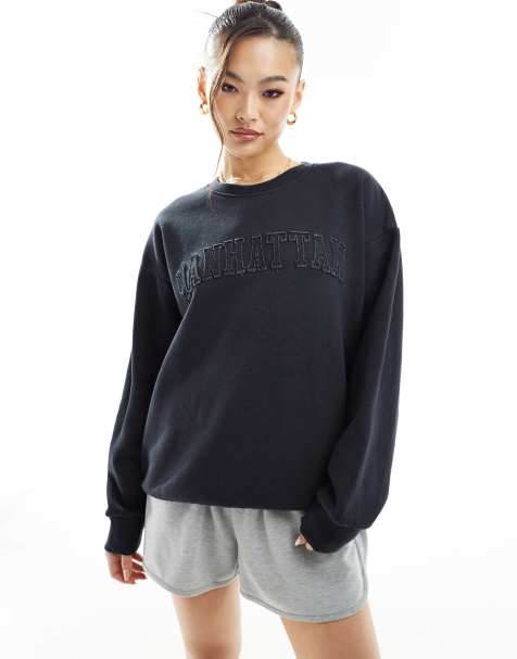 In The Style x Perrie Sian distressed wash Manhattan logo sweatshirt in charcoal grey - view 1
