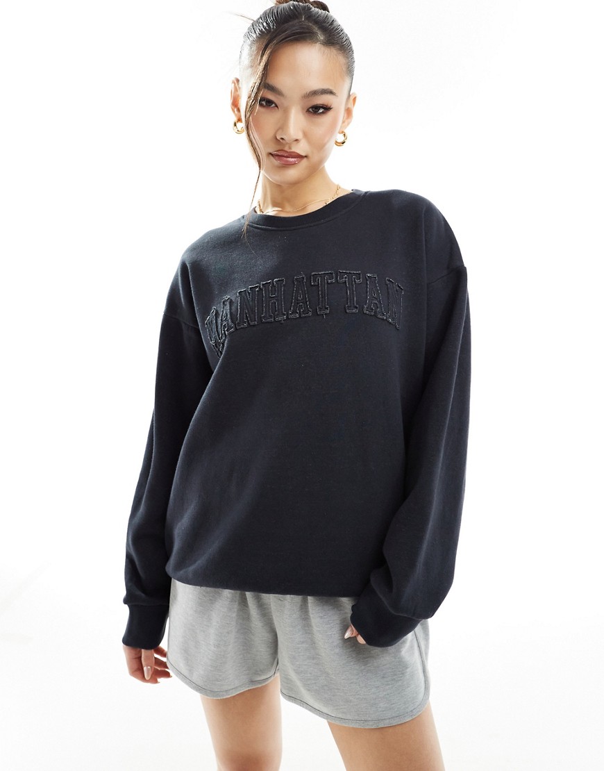 In The Style x Perrie Sian distressed wash Manhattan logo sweatshirt in charcoal grey