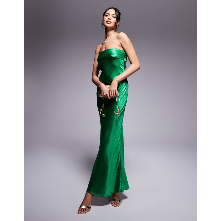 In The Style x Perrie Sian exclusive bandeau liquid satin midi dress in  emerald green