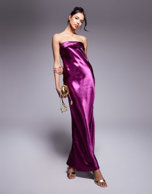 x Perrie Sian exclusive bandeau liquid satin midi dress in plum-Purple