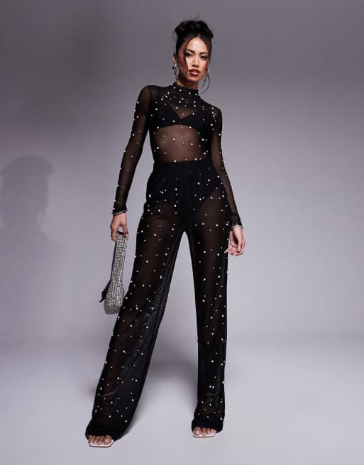 In The Style x Perrie Sian Exclusive – Czarne zdobione perełkami spodnie z siateczki, część zestawu