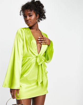 x Perrie Sian exclusive knot front shirt dress in lime-Green