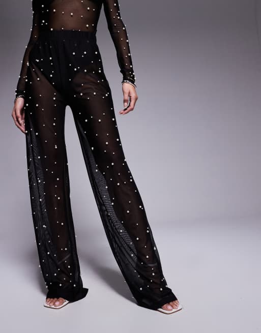 In The Style x Perrie Sian exclusive pearl embellished mesh trouser co-ord in black, 3 of 5