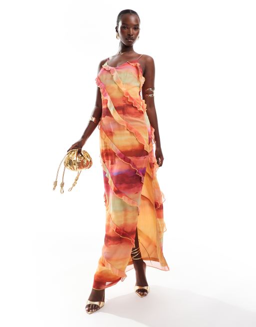 In The Style x Perrie Sian Exclusive – Pomarańczowa sukienka maxi na ramiączkach z falbanką i efektem ombre