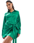 [In The Style] In The Style x Perrie Sian exclusive satin wrap tie side mini shirt dress in emerald green 6 Emerald green