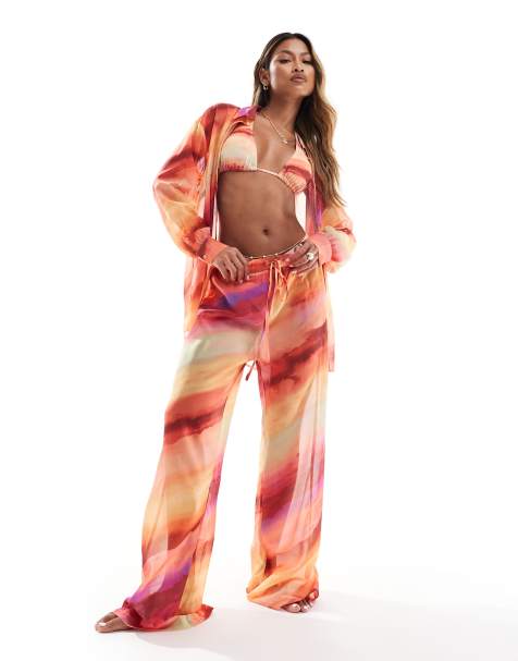 In The Style x Perrie Sian Exclusive wide leg beach trousers co-ord in orange ombre - view 1