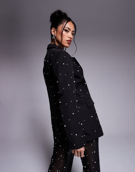 In The Style x Perrie Sian – Exklusivt – Svart, pärlutsmyckat set med kavaj och figursydda byxor