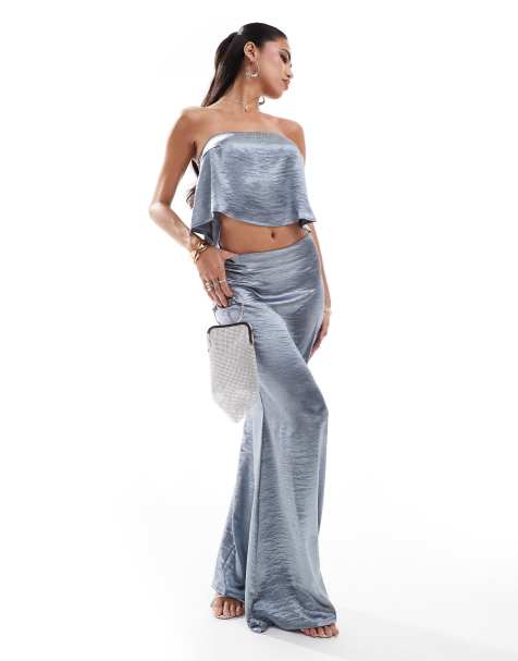 In The Style x Perrie Sian - Flagrende bandeau-top i blå satin - Del af sæt - Kun hos ASOS - view 1