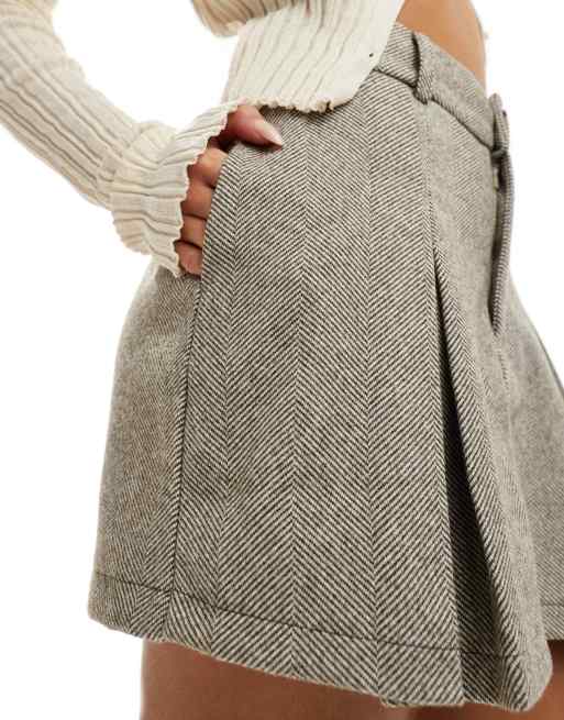In The Style x Perrie Sian herringbone skort with pleat detail in light brown, 2 of 5