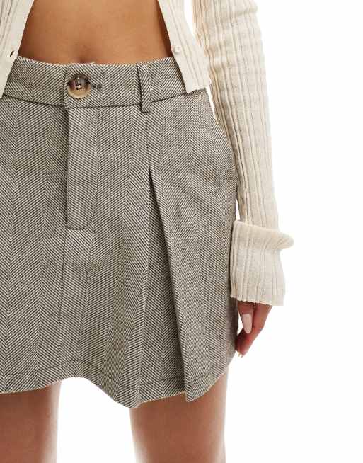 In The Style x Perrie Sian herringbone skort with pleat detail in light brown, 4 of 5