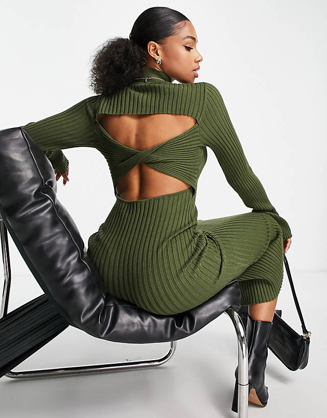 In The Style - x perrie sian knitted open back midi dress in khaki green