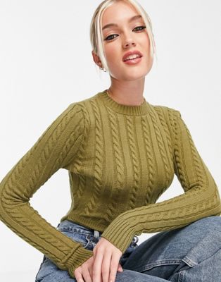 In The Style x Perrie Sian long sleeve cable knitted body in khaki