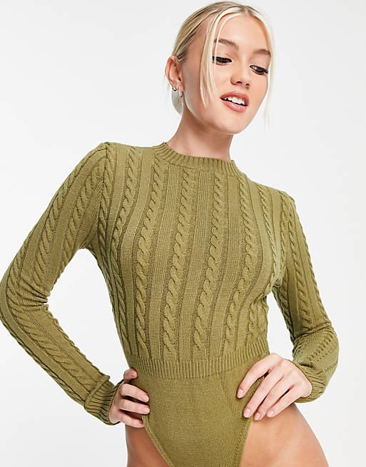 In The Style x Perrie Sian long sleeve cable knitted bodysuit in khaki
