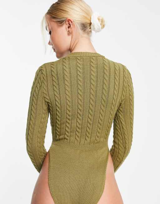 In The Style x Perrie Sian long sleeve cable knitted bodysuit in khaki