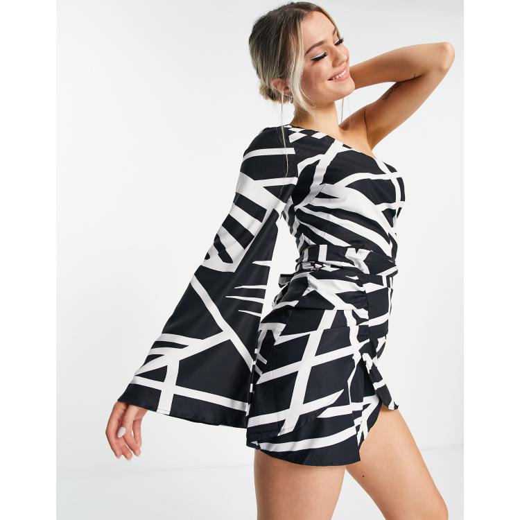 In The Style x Perrie Sian one shoulder asymmetric sleeve mini dress in  mono grid print