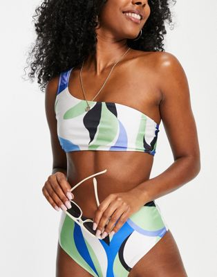 In The Style x Perrie Sian one shoulder bikini top co-ord in blue swirl print