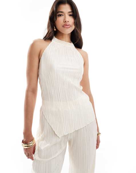 In The Style x Perrie Sian plisse halterneck top co-ord in cream - view 1