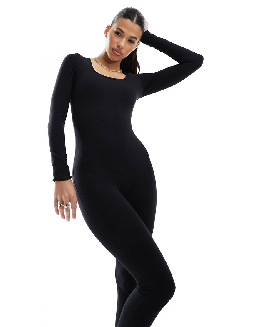 In The Style x Perrie Sian premium jersey long sleeve square neck unitard in black