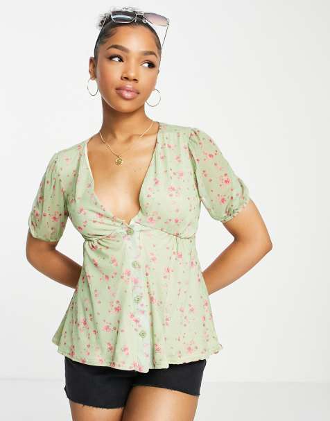 In The Style x Perrie Sian puff sleeve button front blouse in lime floral print - view 1