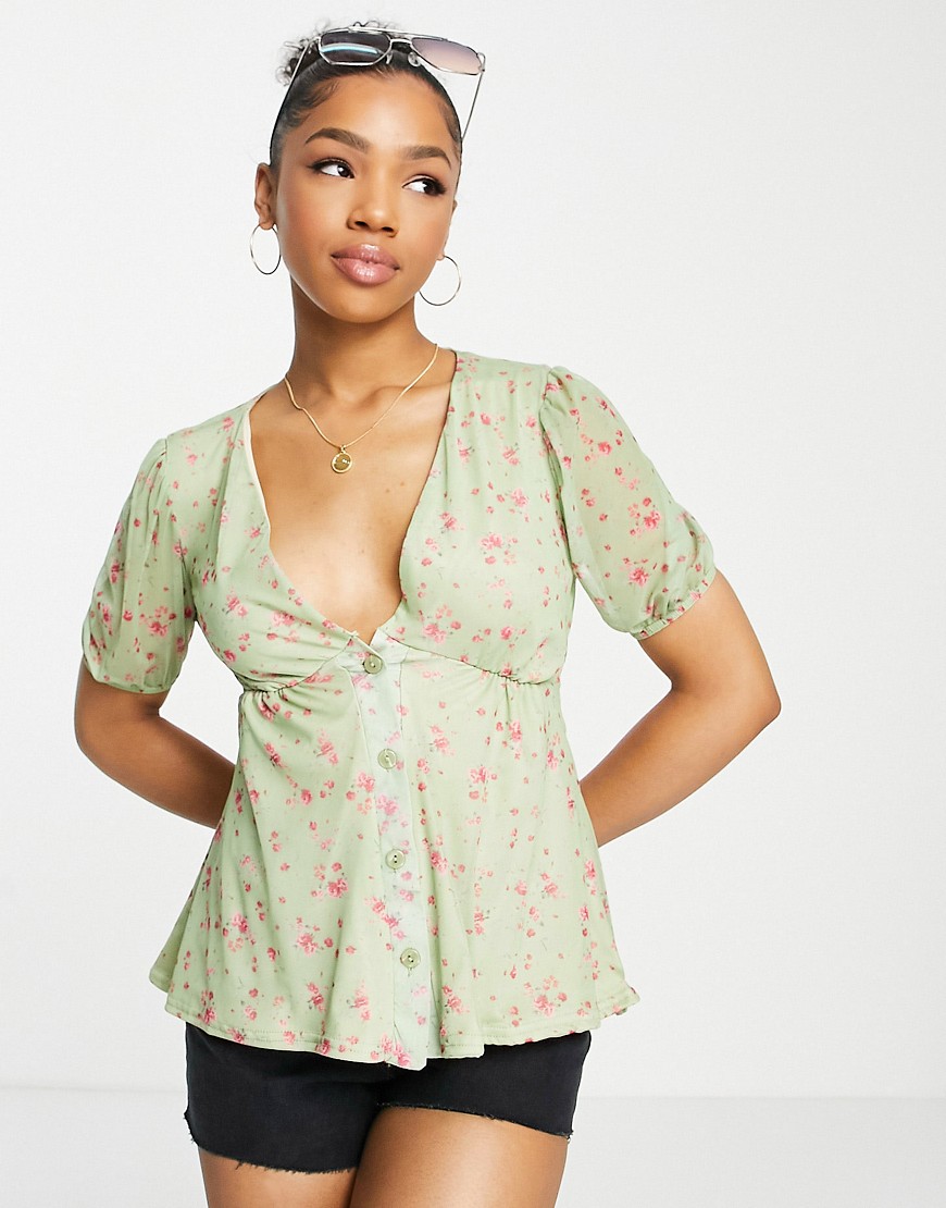 In The Style X Perrie Sian Puff Sleeve Button Front Blouse In Lime Floral Print-multi