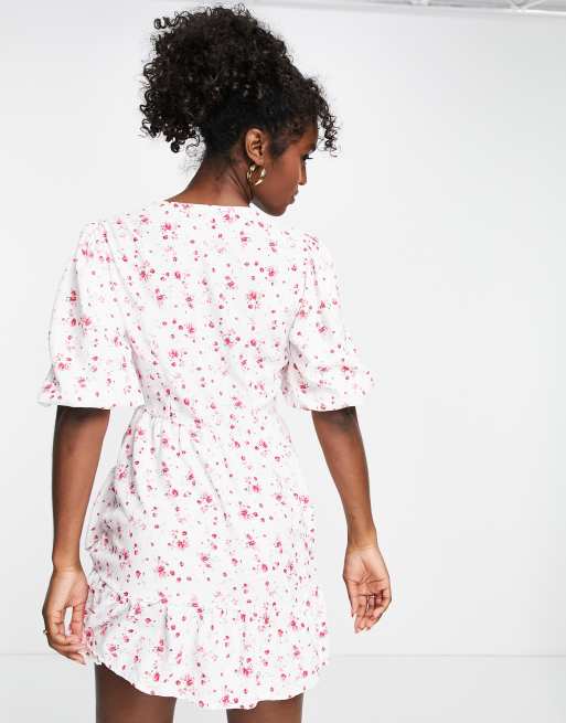In The Style x Perrie Sian puff sleeve frill wrap detail mini dress in white ditsy print, 2 of 4